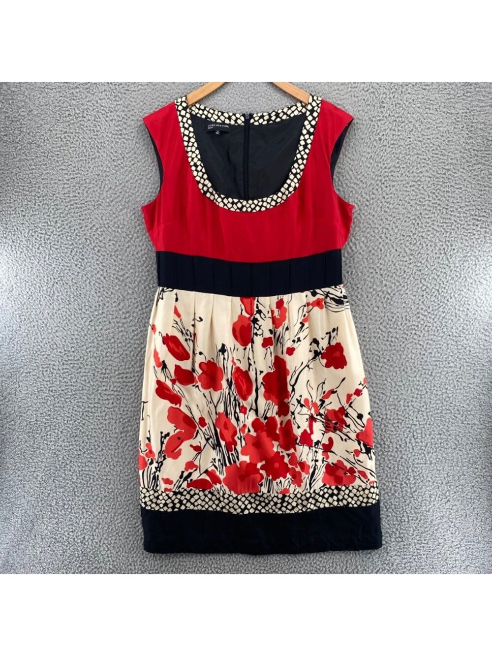 Jones New York Dress Womens 12 Red Floral Mix Print Silk Pleated Mini Sleeveless